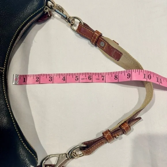 Dooney and Bourke bk purse, brass and silver hardware, yellow stitching, - Picture 11 of 16